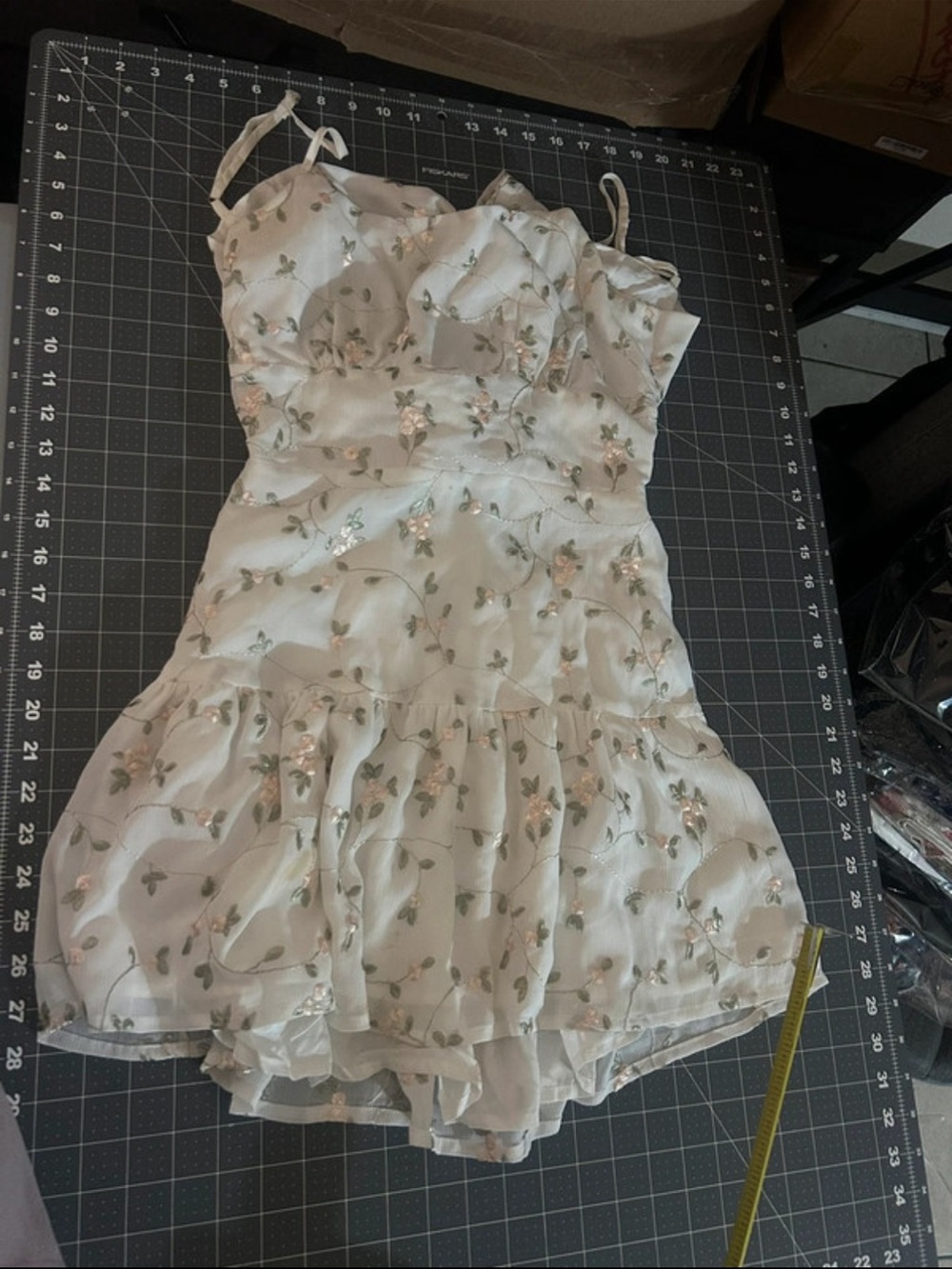 Floral Embroidered White Mini Dress with Spaghetti Straps